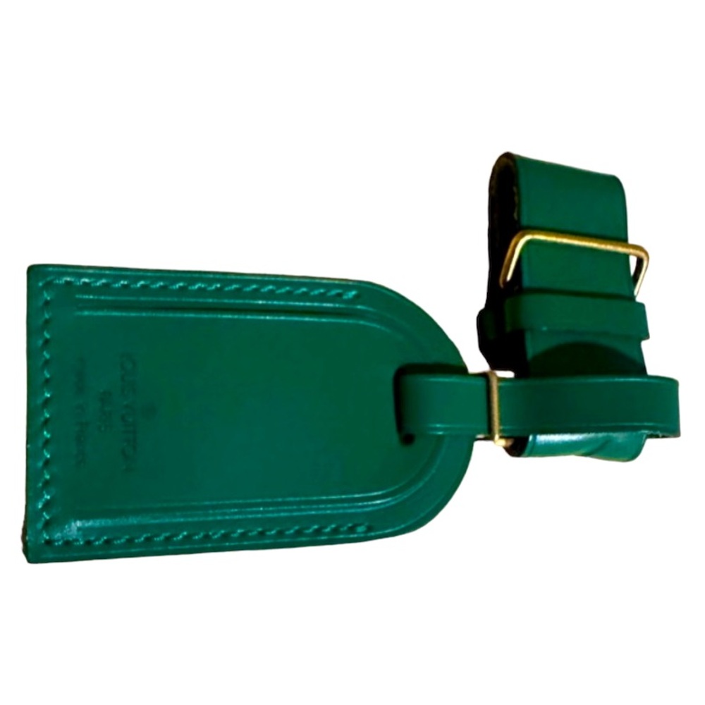 Louis Vuitton Green Leather Luggage Name Tag & Strap Holder excellent condition